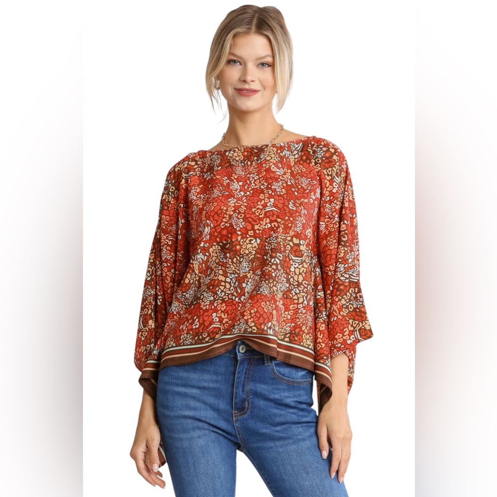 WILD BOTANICA RUST PRINT KIMOMO  BOAT NECK TOP
